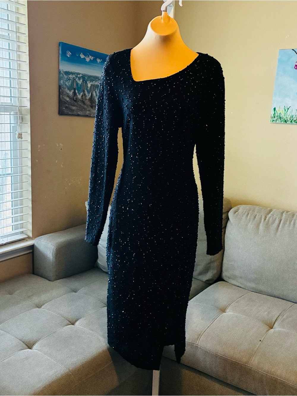 Jennifer Lopez Black Long-Sleeve Beaded Sheath Dress